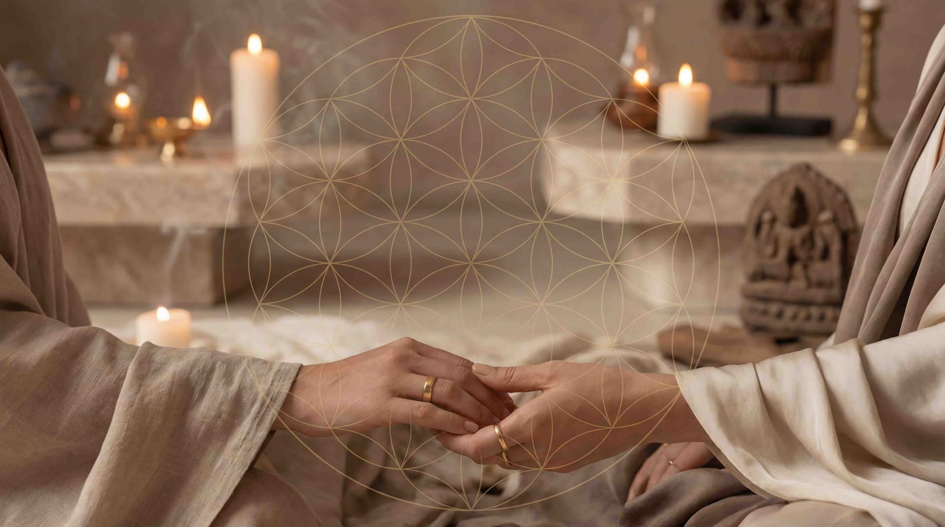 Two sacred figures holding hands in temple space with candlelight