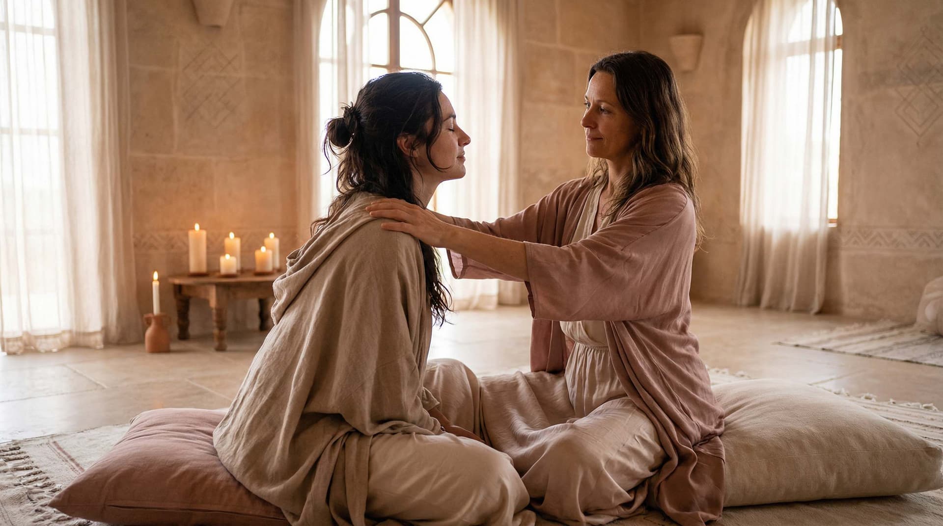 Sacred healing session with practitioner supporting client in temple space