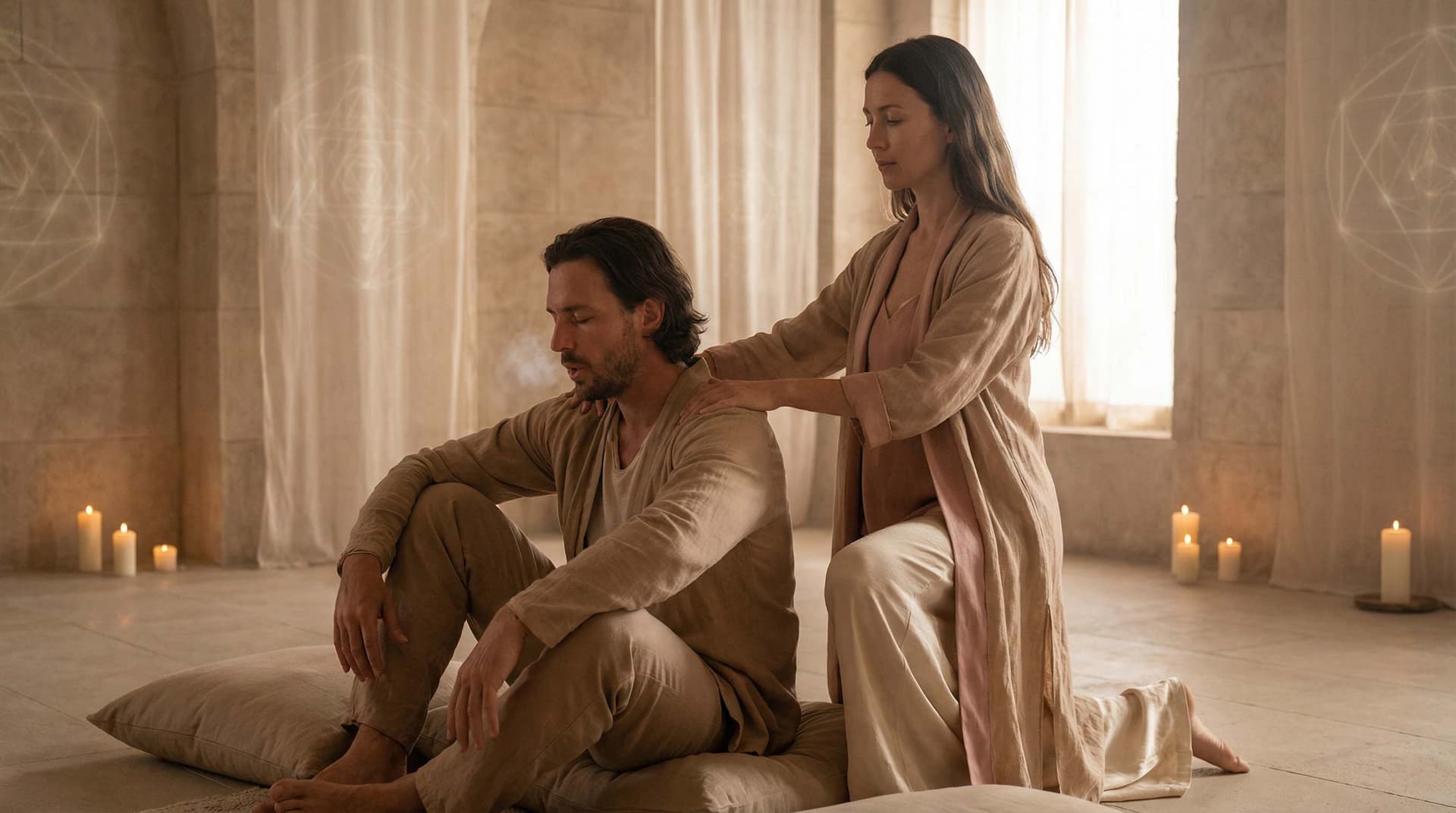 Practitioner supporting client in sacred healing session with candles