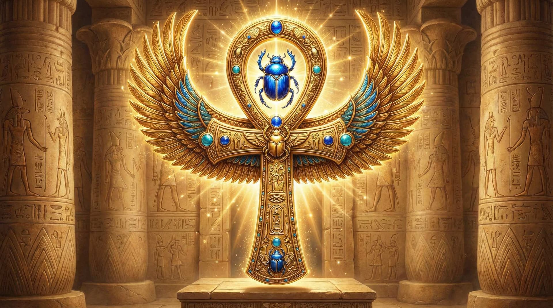 Ornate golden winged ankh with blue scarab beetles in an Egyptian temple