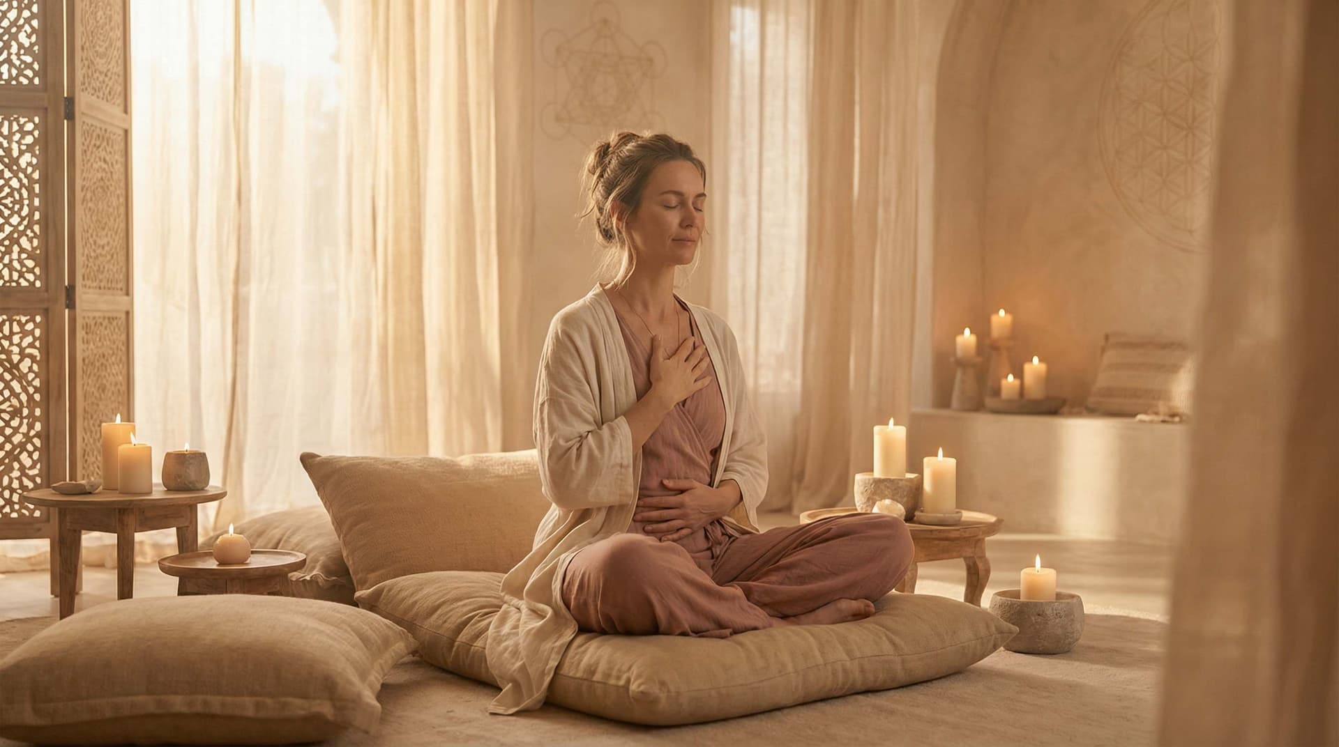 Woman meditating in a sacred temple space with candles and soft light