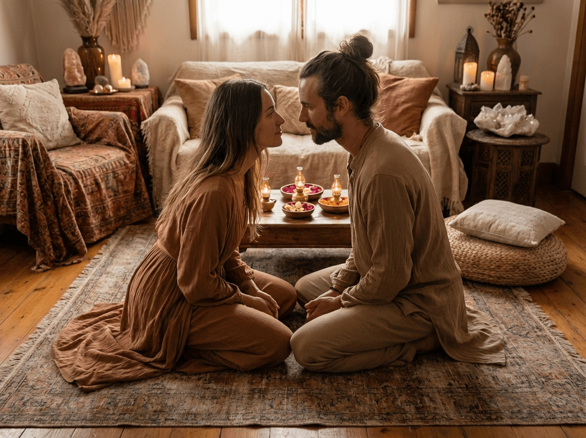Couple in sacred tantric space with candles and warm atmosphere