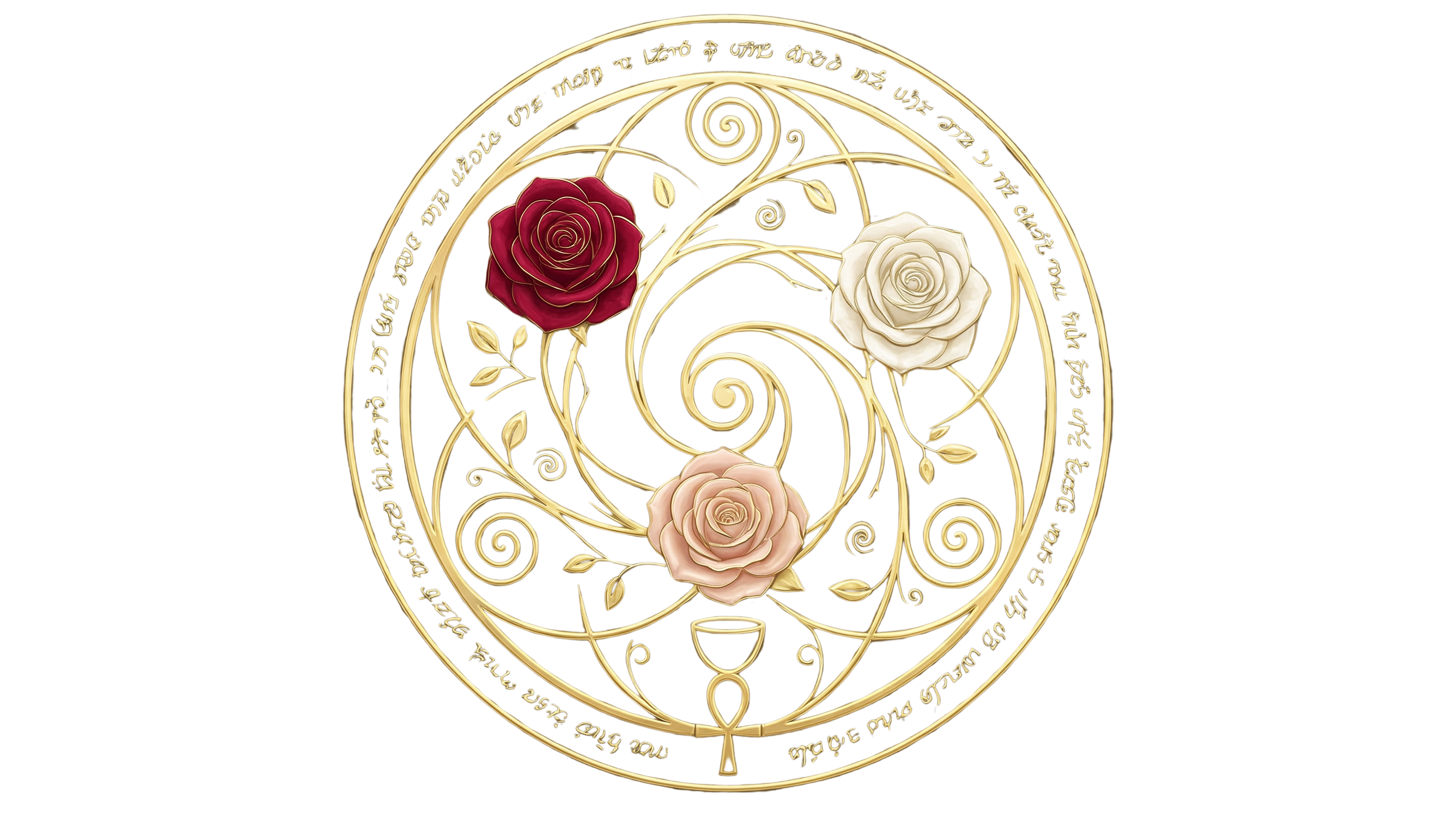 Sacred rose mandala with three roses and mystical inscriptions